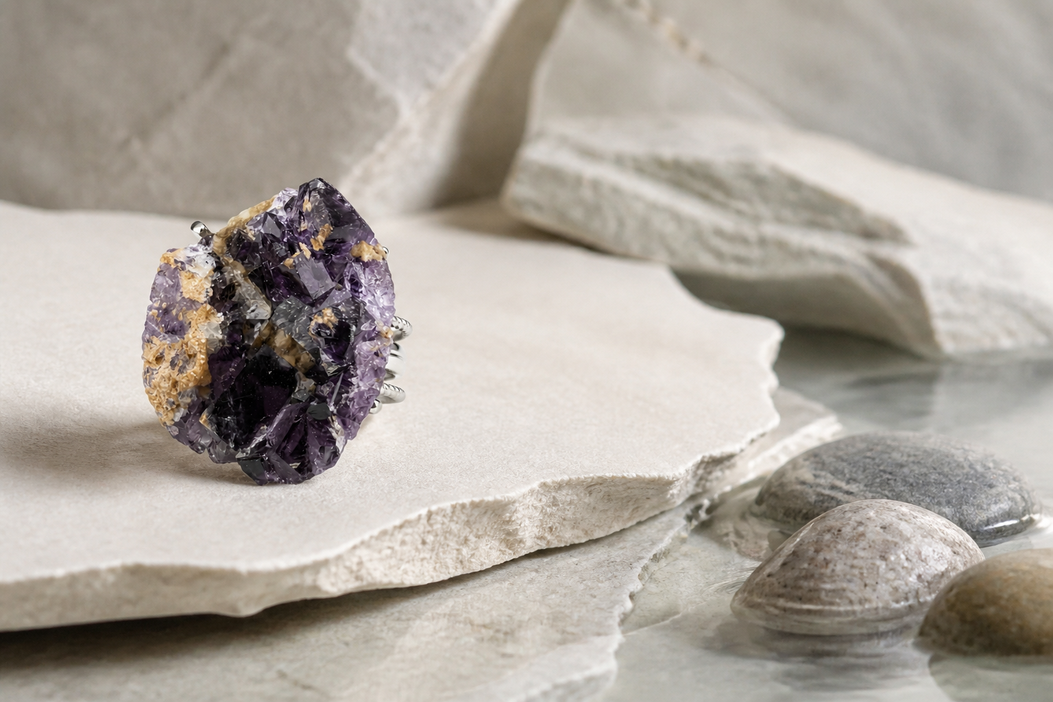 A violet mineral ring displayed on a warm white paper surface